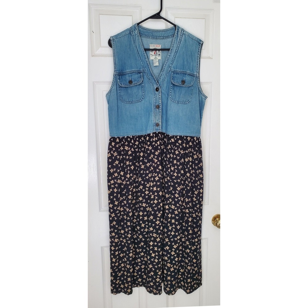 Studio Wear Midi Dress Blue Floral Denim Vest Mixed Media Sleeveless Large
